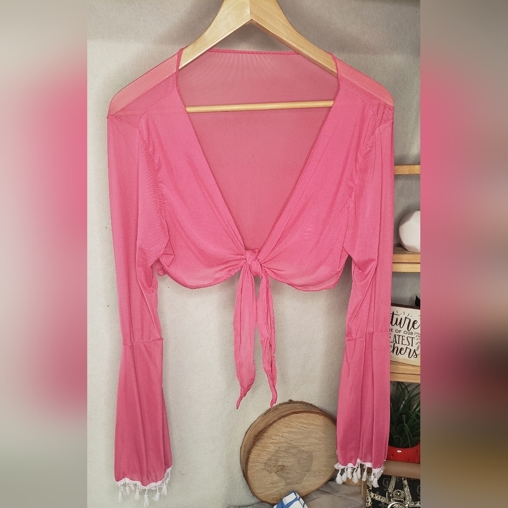 4/20$ Pink Tie-Front Long Sleeve Top